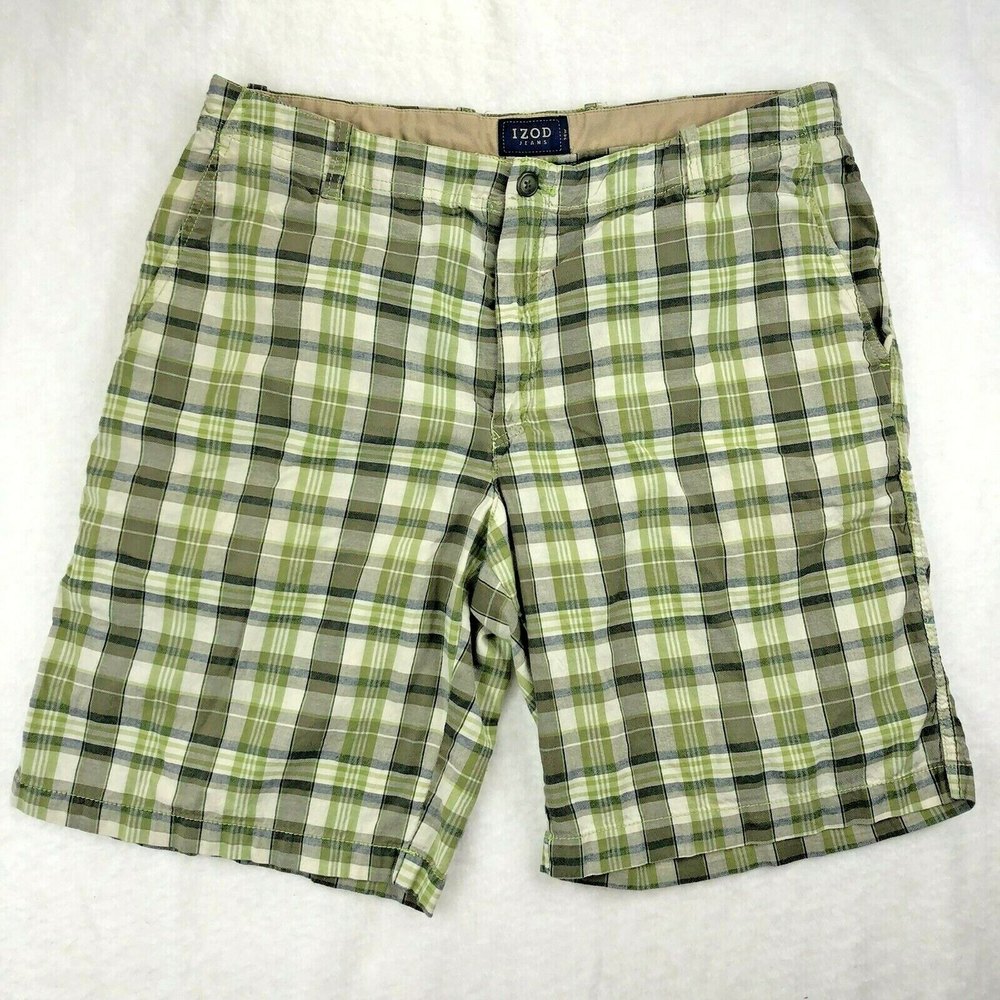 Izod Jeans Men's 36 Shorts Green, Blue and White Plaid 100% Cotton Chino Walking